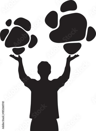 Silhouette of person holding abstract shapes above head isolated on checkered background