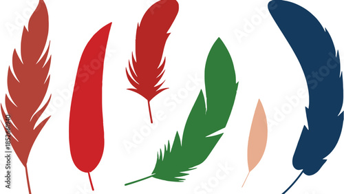 Collection of colorful, stylized bird feathers in various shapes and sizes against a white background