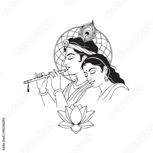 Lord Krishna and Radha line art drawing. Hindu god playing flute with goddess vector illustration. Black and white outline sketch with lotus and mandala for coloring book.
