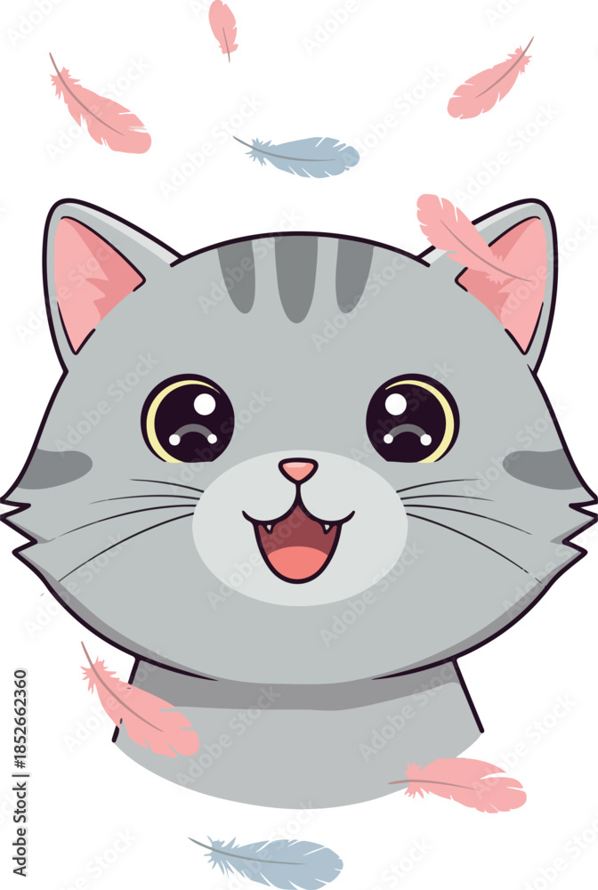 Fototapeta premium Pixel Art Cat Head with Falling Feathers Cute Kawaii Illustration