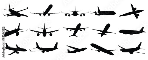 Airplane silhouette icons in black, professional set of aircraft symbols for airport navigation, logistics delivery tracking, and international tourism vacation planning web interface design.
