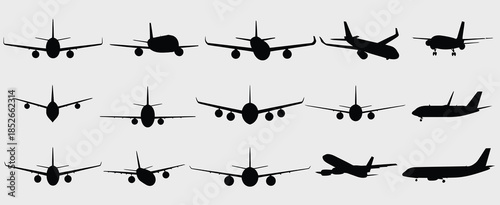 Black airplane icon collection, set of black plane silhouette icons for travel agency branding, aviation industry symbols, and global flight transportation route mapping graphics.