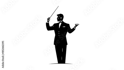 Elegant conductor leading orchestra with baton in hand dynamically