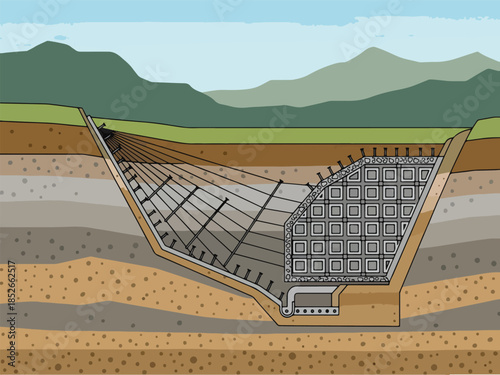 Crosssection diagram illustrating reinforced earth retaining wall construction methods