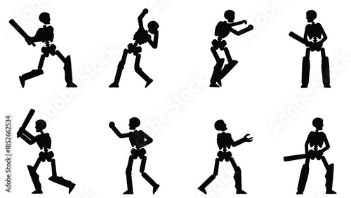 Skeletons playing cricket in various poses