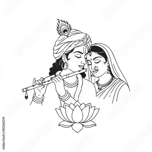 Lord Krishna and Radha line art drawing. Hindu god playing flute with goddess vector illustration. Black and white outline sketch with lotus and mandala for coloring book.
