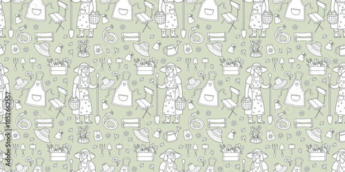 Outline Gardening Seamless Pattern. Women Farmer and Harvest on Green Background. Repeating Template Pastel Hand Drawn Female Character with Gardening Tools. Vector horizontal Illustration. Not AI