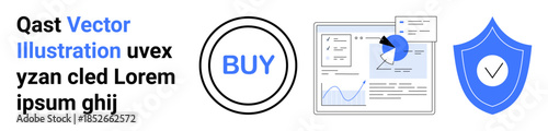 E-commerce, data analysis, business strategy, online shopping, security, digital marketing. Circular buy button, data charts and a shield icon with a tick. E-commerce and data analysis