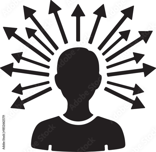 Man with many arrows radiating from his head representing thinking ideas or mental activity