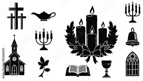 Black silhouettes of Christian symbols and holiday icons