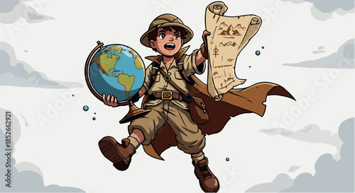 Pixel Art Explorer Boy Holding Globe and Map Adventure Sky