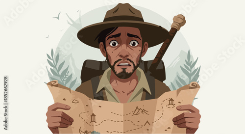 Pixel Art Explorer Lost with Map in Forest