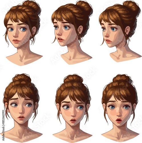 Pixel Art Female Character Expressing Surprise And Concern Light Brown Hair Blue Eyes