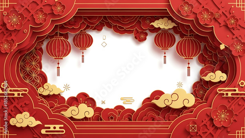 An elegant Chinese New Year banner featuring red chinese lanterns and ornate gold floral patterns with a vintage luxury border element for a classic royal style illustration