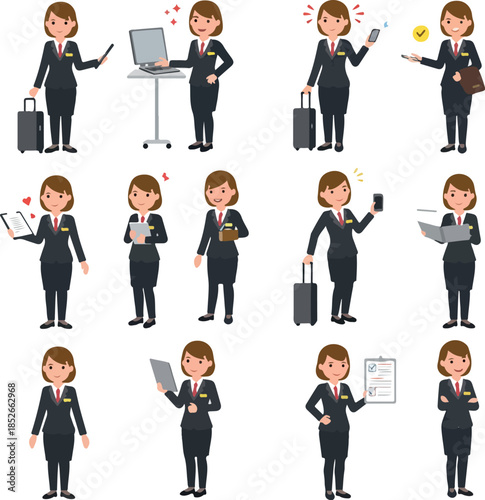 Pixel Art Flight Attendant Characters In Uniform With Luggage And Devices