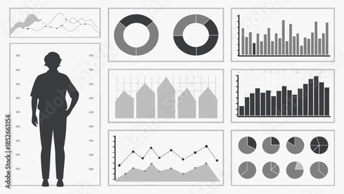 Businessman analyzing data on various charts and graphs in office