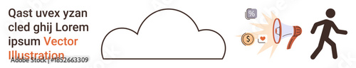 Cloud computing, data protection, digital storage, file sharing, cybersecurity, data movement. A cloud icon accompanied by symbols of data flow and a walking person. Cloud computing and data security