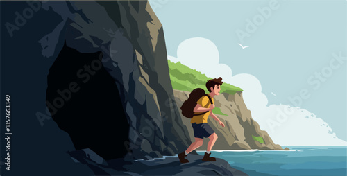 Pixel Art Hiker Enters Cave Exploring Coastal Landscape Daytime