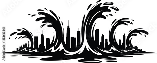 City silhouette with flood wave danger disaster water splash tsunami scene background