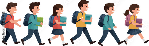 Pixel Art Kids Walking To School With Backpacks Books Casual Outfits
