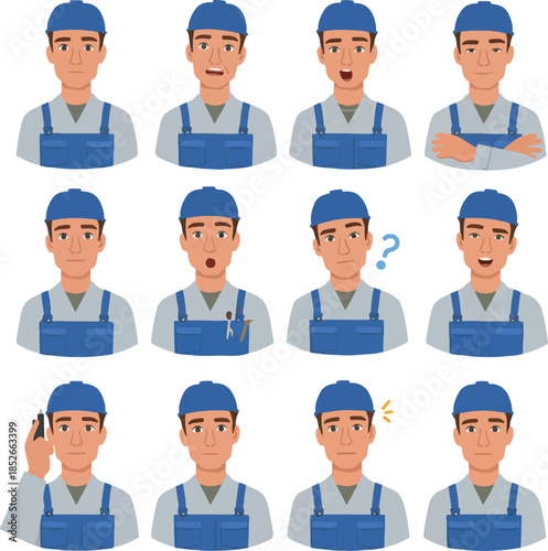 Pixel Art Male Worker Emotions Set Blue Overalls Flat Vector Illustration