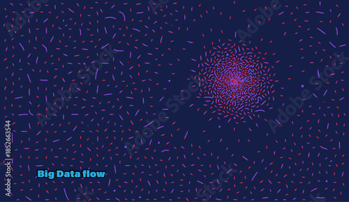 Big data flow vector illustration with abstract particle stream on dark blue background. Futuristic technology concept for science, digital network, and information visualization design.