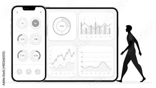 Person walking past large smartphone and tablet displaying various data analysis graphs