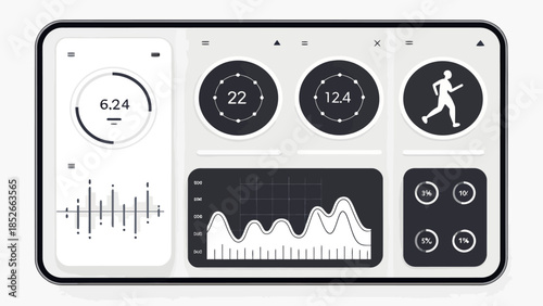 Smartwatch dashboard with fitness tracking data and graphs on screen
