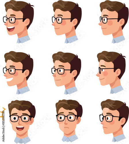 Pixel Art Man Character Faces Expressions Wearing Glasses Light Blue Shirt