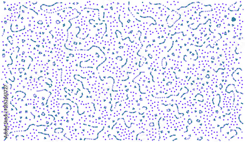 Abstract vector background with scattered blue and purple dots forming an organic maze pattern. Creative texture design representing biological cells, microbiology, science data, and chaotic noise.