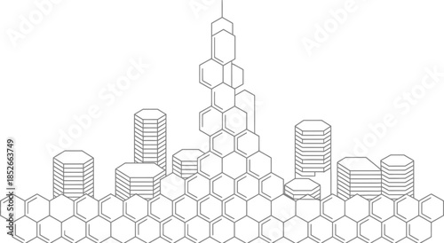 Cityscape in honey comb style drawing in transparent background vector illustration