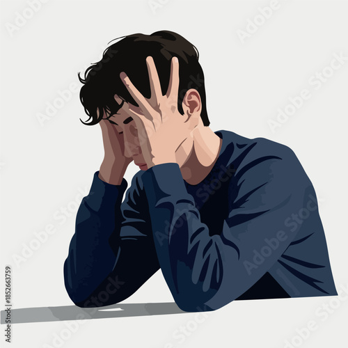 Pixel Art Man Feeling Stressed in Dark Blue Sweatshirt Isolated on White