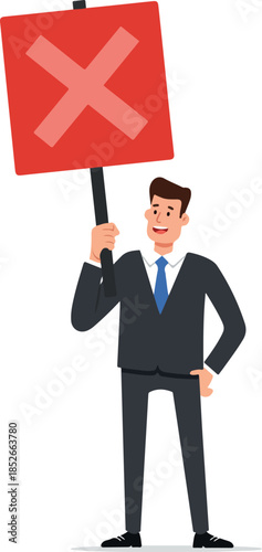 Pixel Art Man Holding Red Sign With X Mark Flat Design Illustration