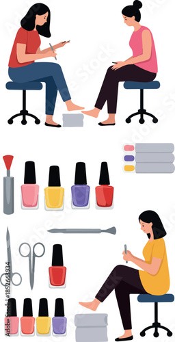 Pixel Art Manicure and Pedicure Service with Nail Polish and Tools