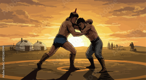 Pixel Art Mongolian Wrestling Match at Golden Sunset