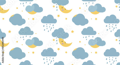 Pixel Art Night Sky Pattern Cute Moon Clouds Rain Stars Yellow Blue White
