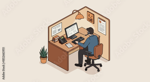 Pixel Art Office Cubicle Scene with Person Working at Desk