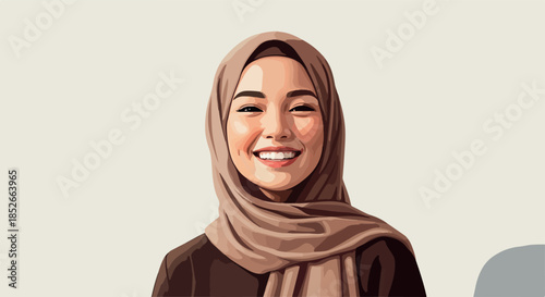 Pixel Art Muslim Woman Smiling Wearing Brown Hijab Minimalist Flat Design