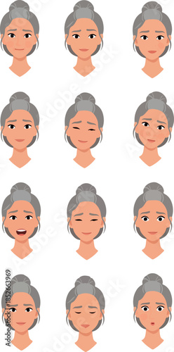 Pixel Art Old Woman Faces Expressing Various Emotions Vector Set