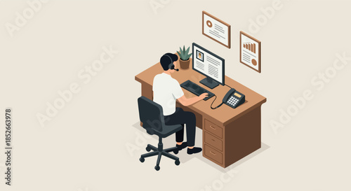 Pixel Art Office Worker at Desk with Computer and Phone