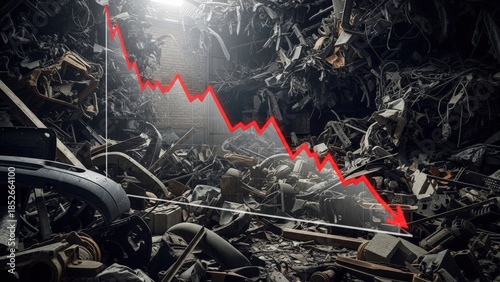 Sharply declining red graph highlights economic recession and financial crisis amidst a chaotic junk industrial debris landscape