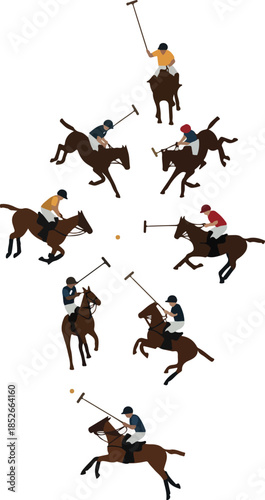 Pixel Art Polo Players on Horses in Action White Background