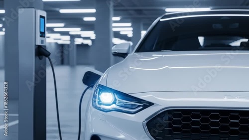 Electric Car Charging in Underground Parking Garage.