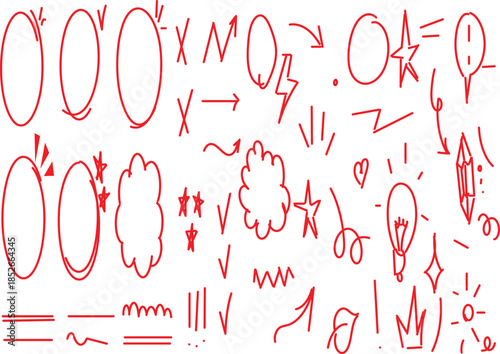  collection of various hand-drawn red doodle elements. These types of informal, spontaneous visual symbols are often used to communicate ideas or add a playful, whimsical feel to digital media, vector