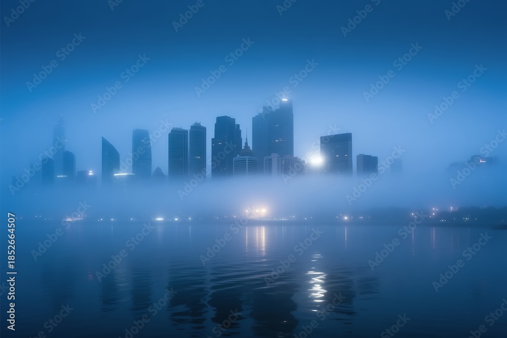 Fototapeta premium Misty metropolitan skyline at blue hour with illuminated towers reflected