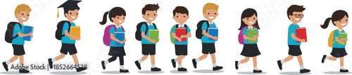 Pixel Art Students Walking School Backpacks Books With Graduation Cap