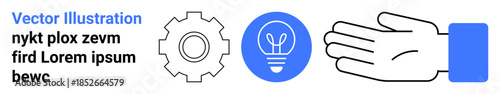Innovation, technology, mechanics, manual work, creativity solutions. Symbols of a gear a light bulb and a hand. Innovation and technology. Line metaphor. Simple line icons