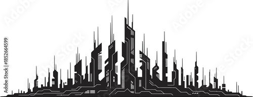 Futuristic city skyline silhouette with towering skyscrapers against transparent backdrop
