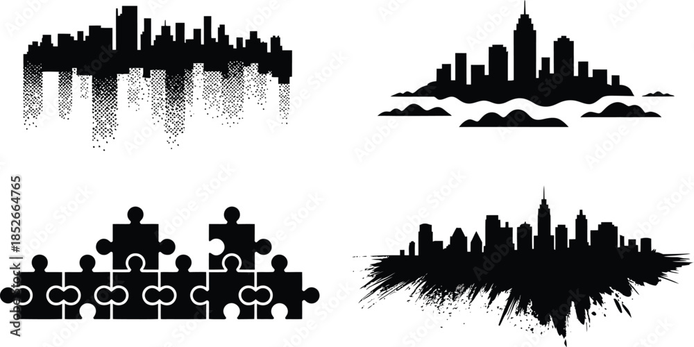 Obraz premium Grunge city silhouette collection in black and white vector design template