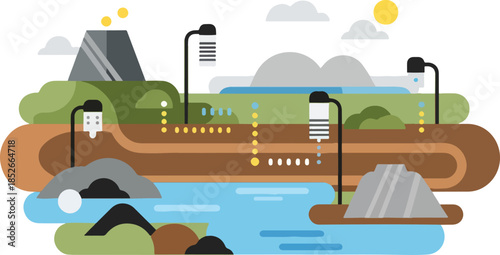Diagram illustrating underground water movement and pumping stations